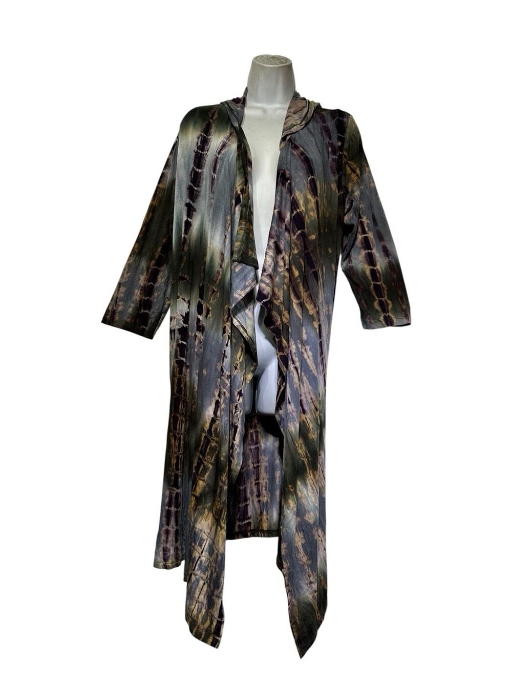 COIN 1804 Size 2X Hooded Tie Dye Open Front Duster Cardigan Waterfall Hem Pocket